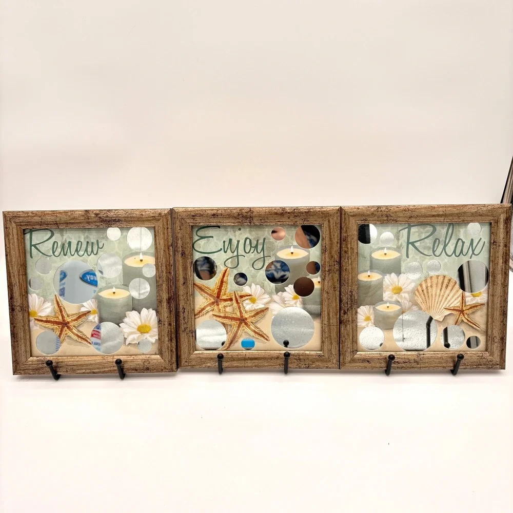Coastal Beach House Wall Art Set 3 Renew Enjoy Relax Starfish Mirror Inset Decor